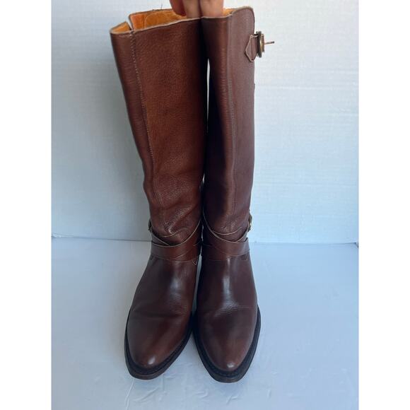 Frye Brown Leather Harness Strap Pointed Toe Knee High Pull On Heeled Boots 7.5 - Picture 3 of 14